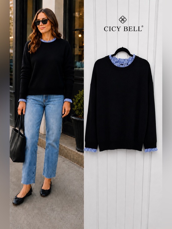 Cicy Bell Sweaters - Cicy Bell Women's Black Sweater with Blue Striped Ruffle Trim